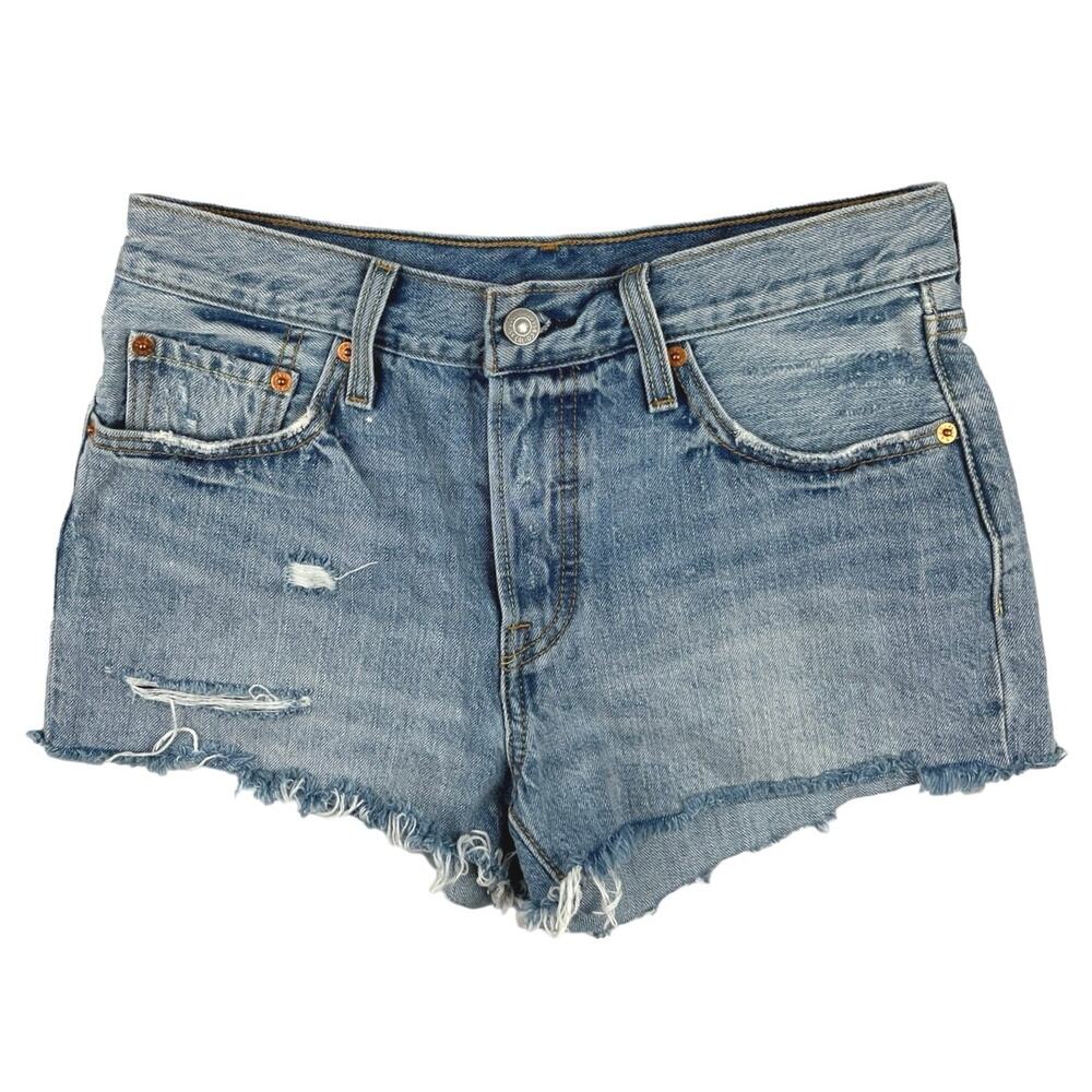 Levi's 501 Blue Women's Mid Rise Distressed Frayed Raw Hem Denim Jeans Shorts 27